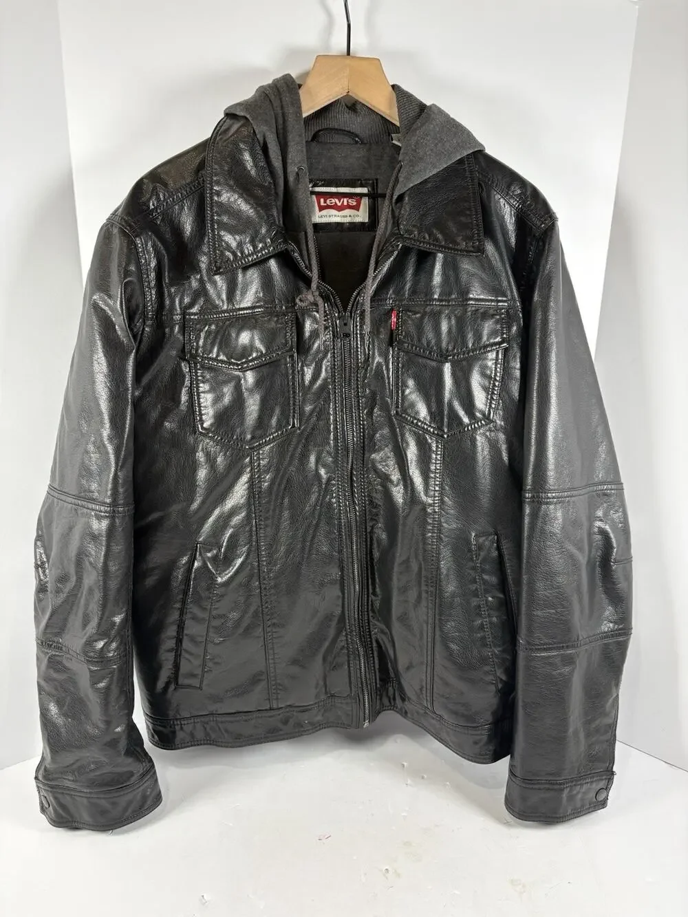 Levis Mens XL Black Faux Leather Hooded Jacket Full Zip Moto Trucker Coat